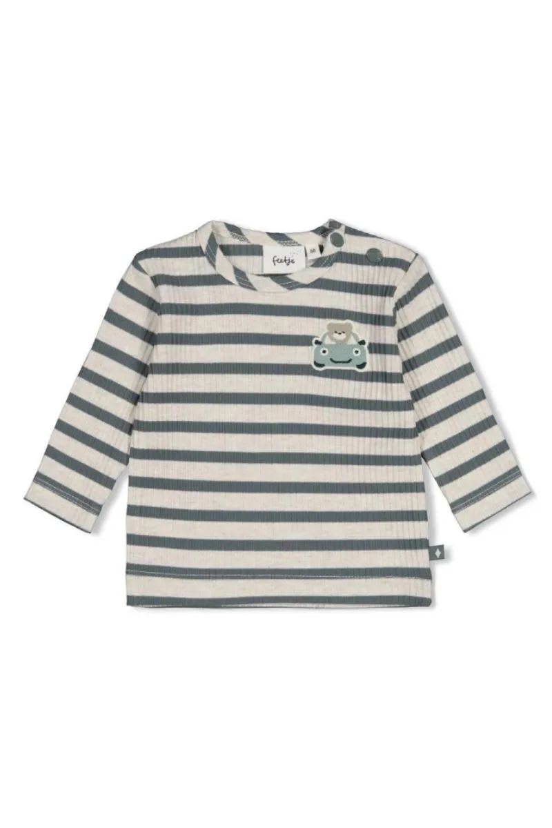 Feetje longsleeve rib, gestreept met Beep Beep-opdruk, zeegroen